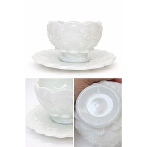 VTG Milk Glass Grape Pattern Pedestal Bowl Plate Set Candy Dish Scalloped USA
